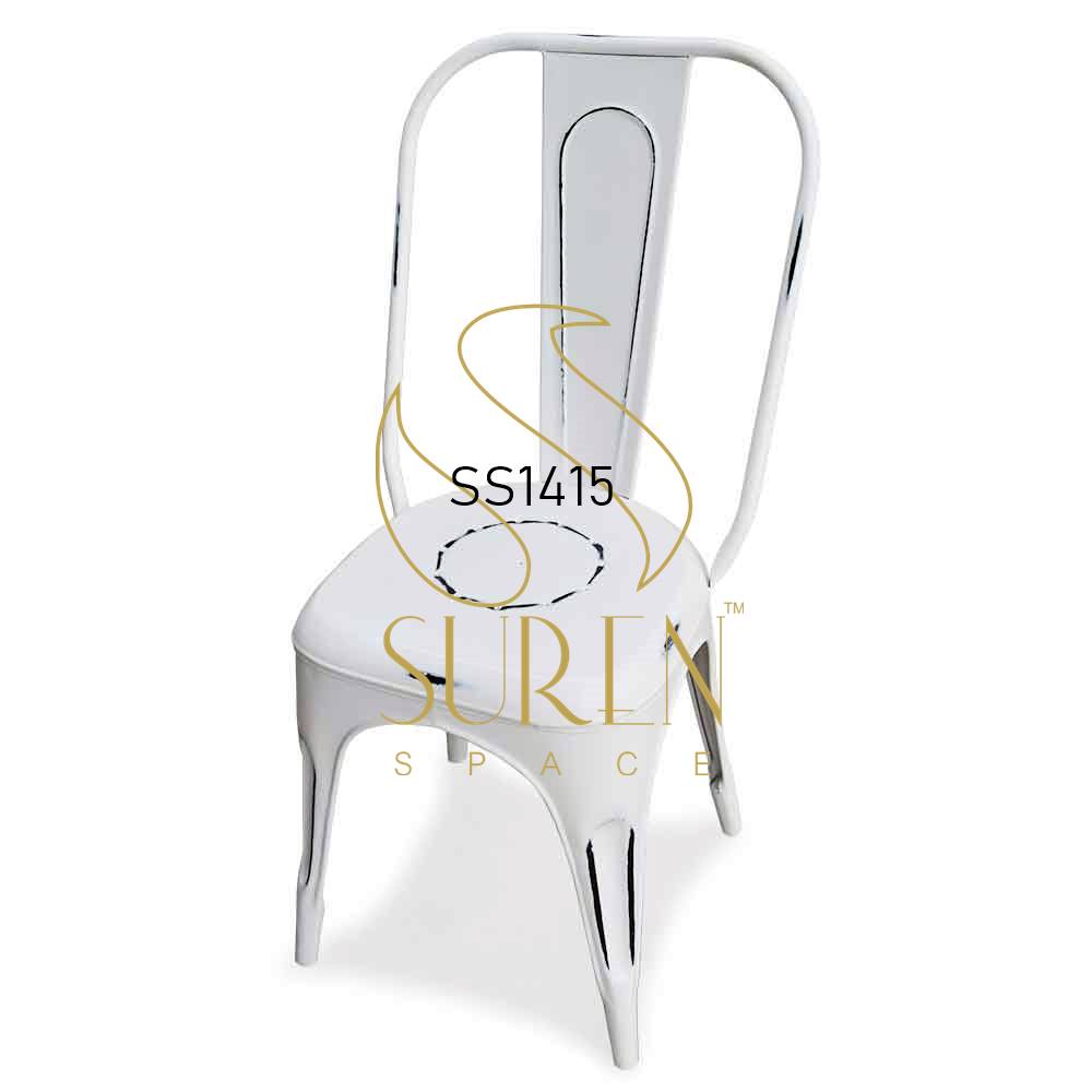 White Distress Stack Able Metal Outdoor Chair Industrial White Rust Free Metal Furniture For Cafe Bistro Food Court Design