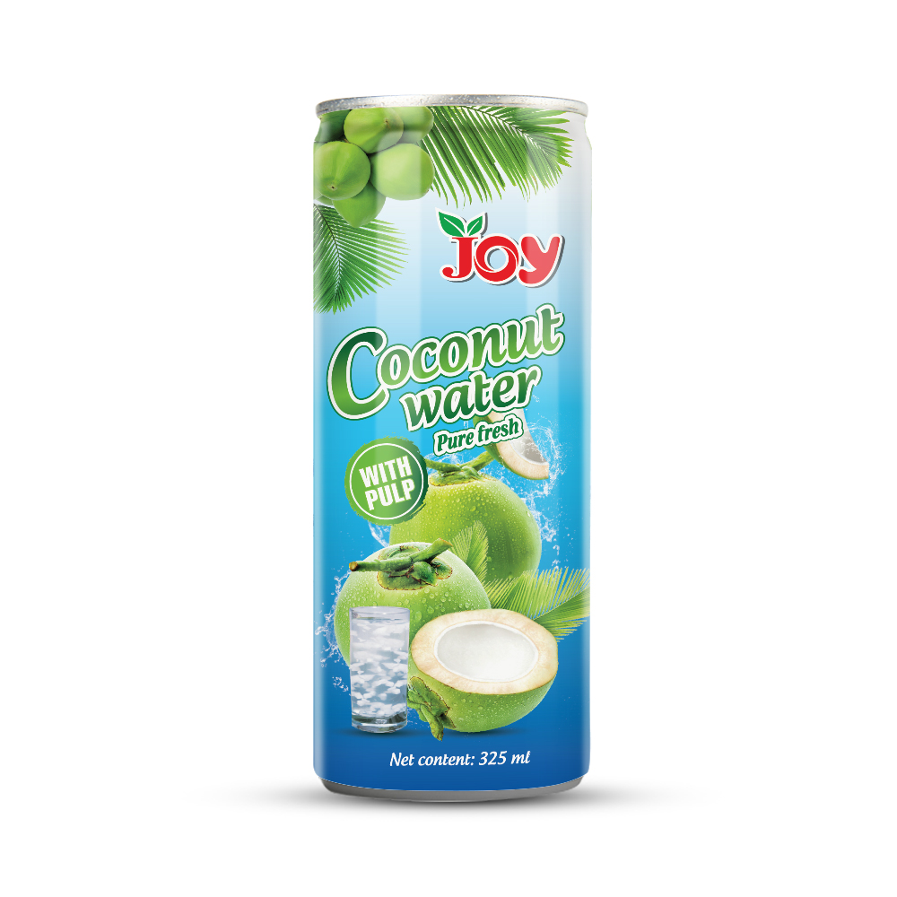 JOY Beverage Supplier Canned 325ml Coconut Water Juice with Pulp Young Coconut Water From Vietnam