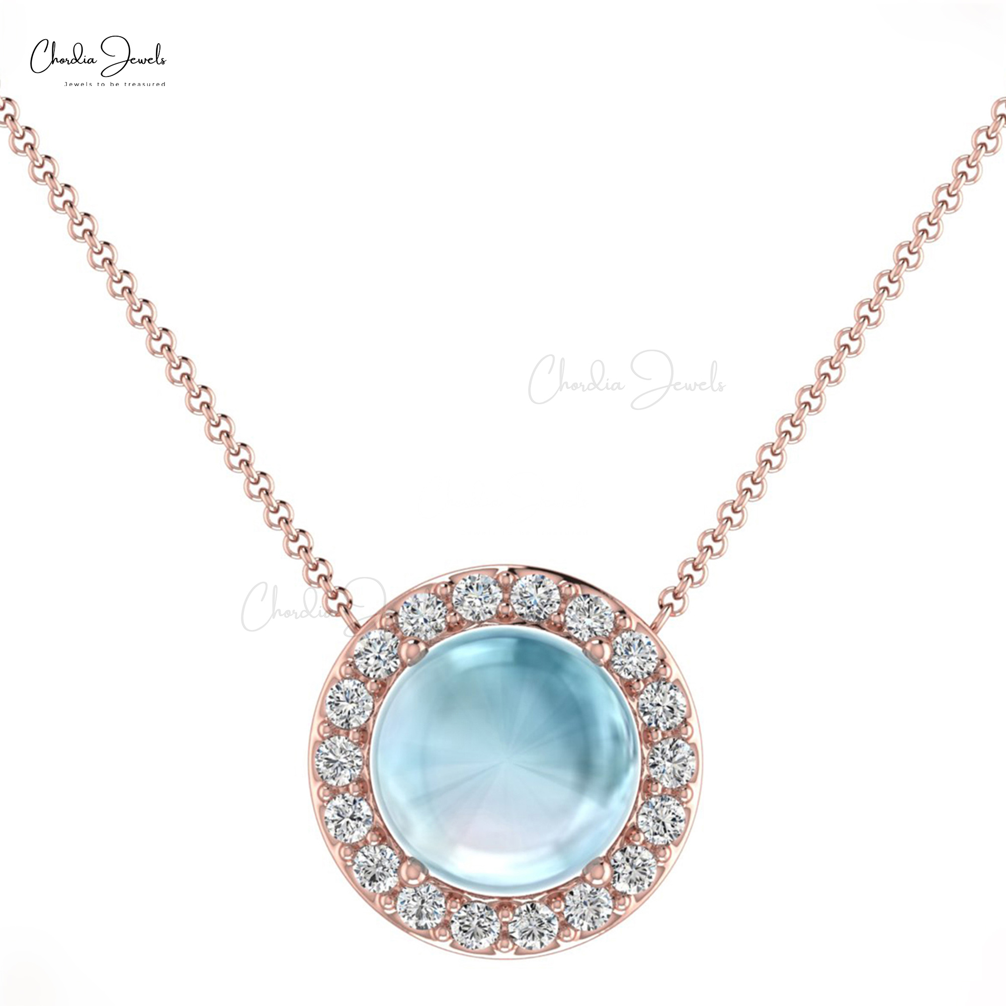 Classic Design Round Shaped Halo Necklace With Genuine Aquamarine & G-H Diamond For Wedding