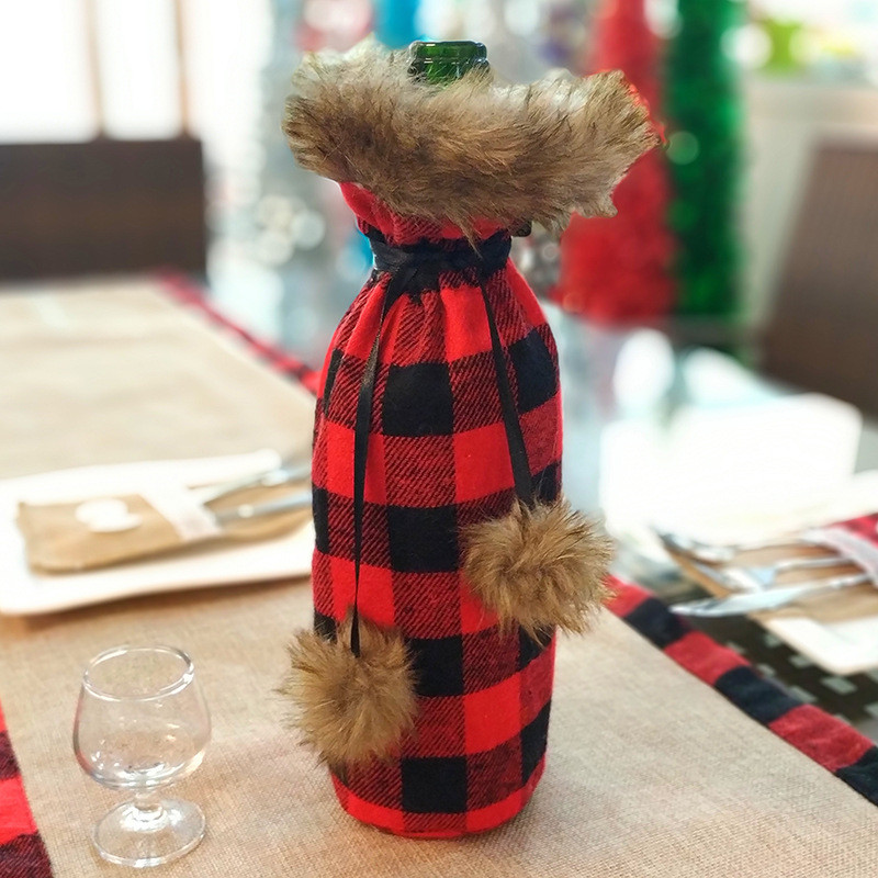 Рождество Buffalo Plaid бутылки вина крышки свитер из искусственного меха бутылки вина чехол с креплением на ремень для рождественской вечеринки