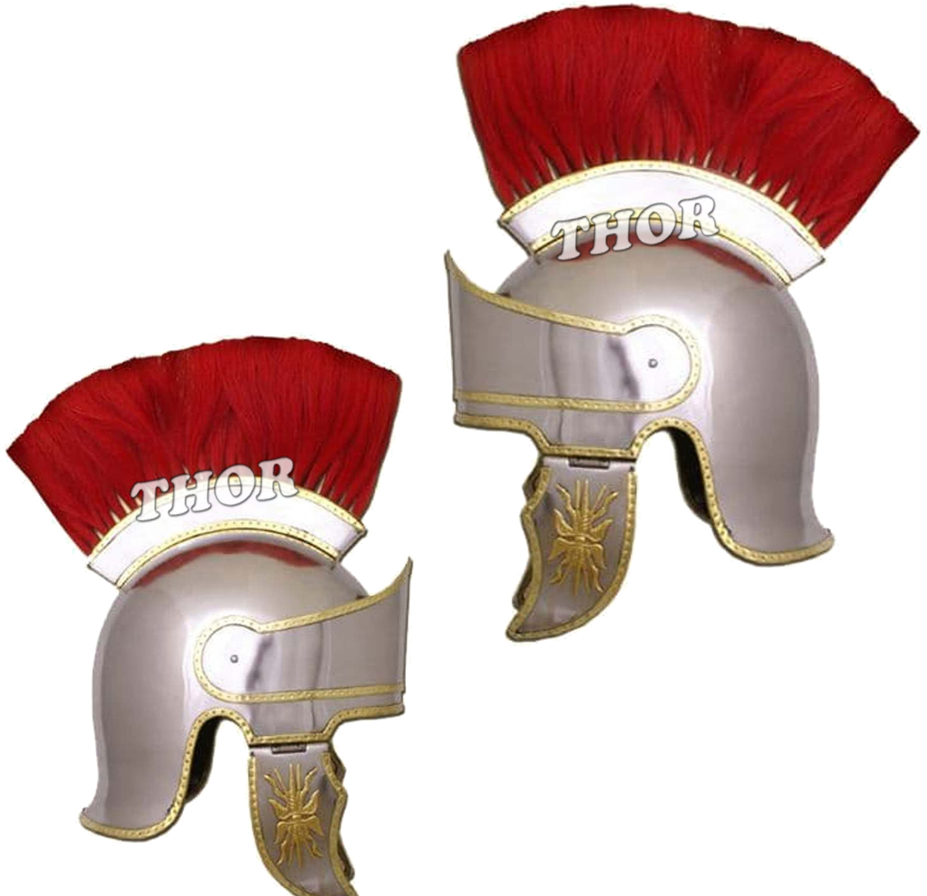 Roman Centurion Helmet w/Red Plume Armor Medieval Metal Helmet Silver Polished W/ Leather Liner