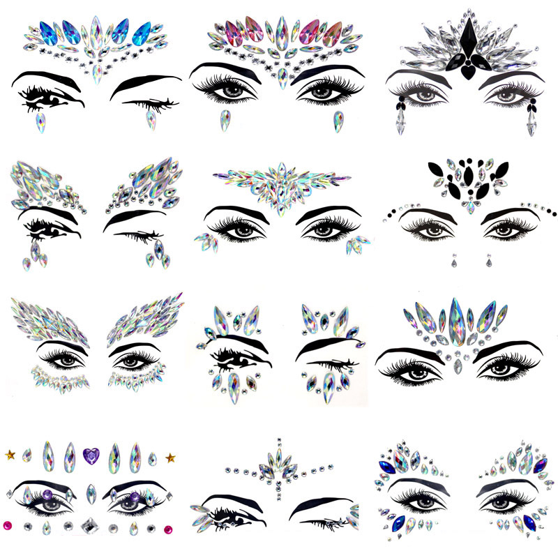 18 Sets Temporary Festival Glitter Mermaid Face Crystal Tattoo Stickers for Festival Rave Carnival Party