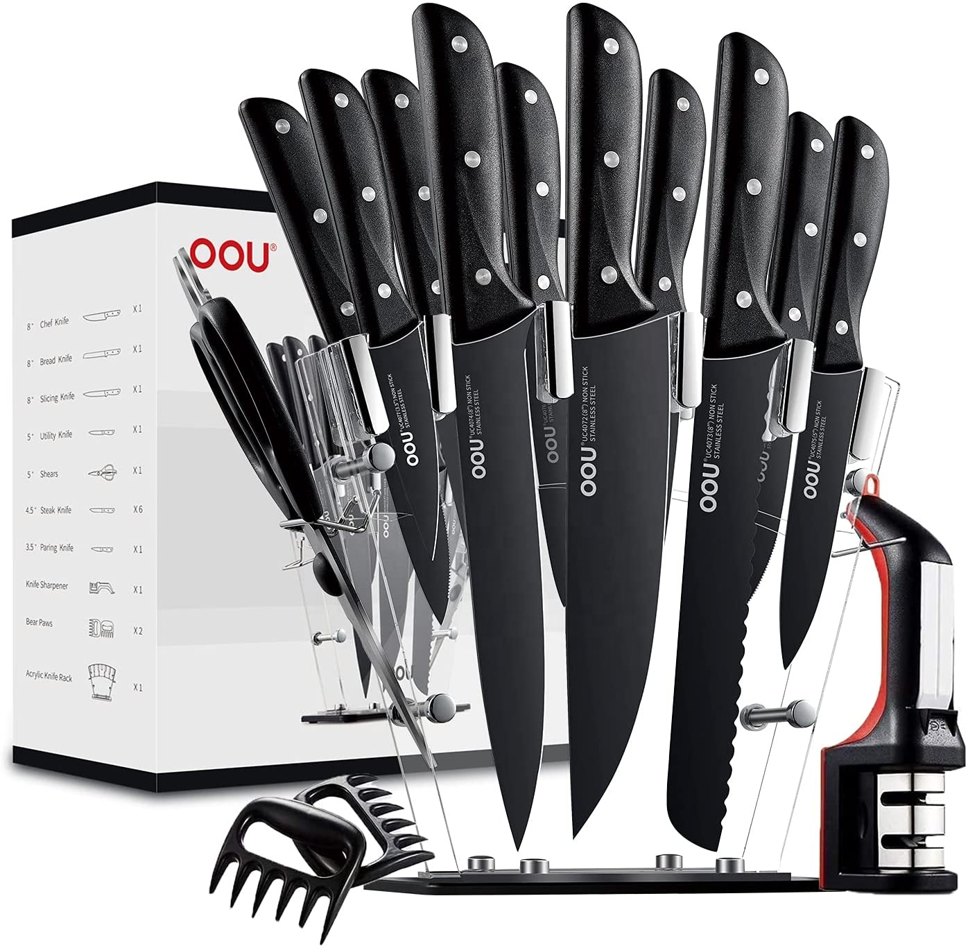 OOU BO TECH Black Chef Series Home Hero 17 Pieces Kitchen Knives Set with Knife Sharpener