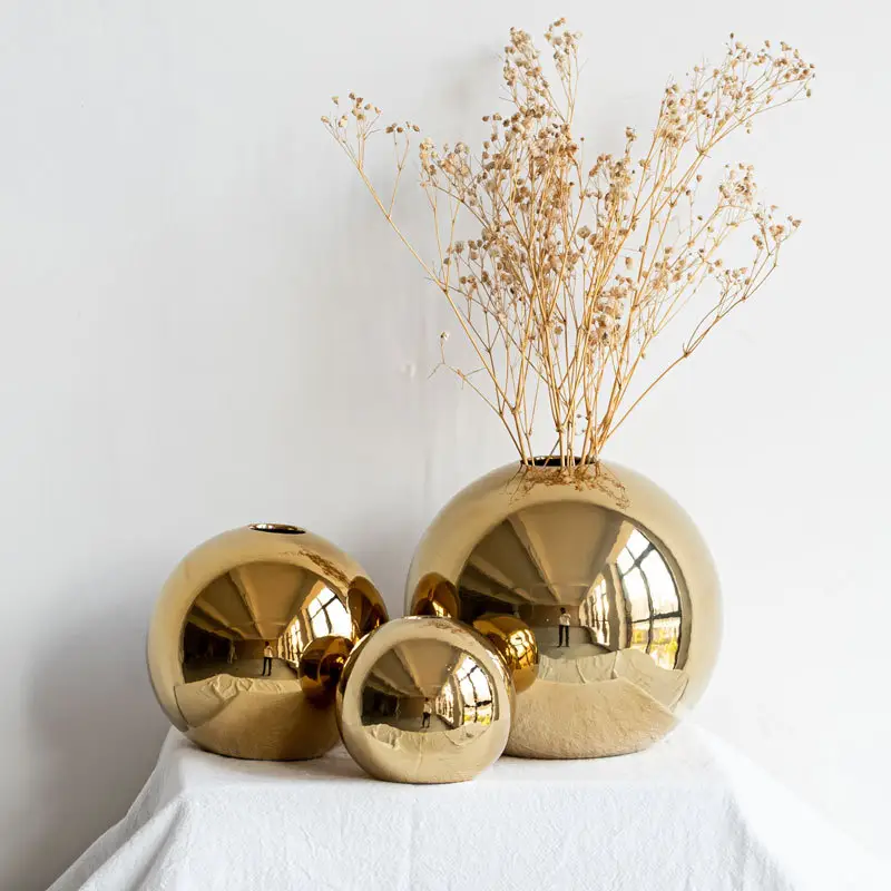 European gold electroplated ceramic ball vase modern handmade ceramic vase