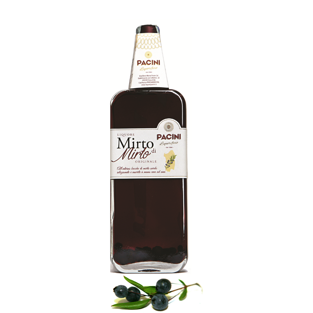 Premium Italian Quality PACINI LIQUEUR Red Myrtle 70 cl bottle with wild myrtle berries inside the bottle for restaurants