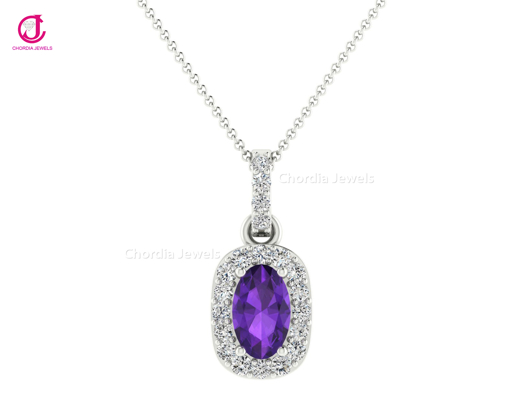 White Gold Halo Oval Pendant With Amethyst &amp; 0.28 Cts Diamond Certified Jewelry For Gift Wholesale Price Buy From India