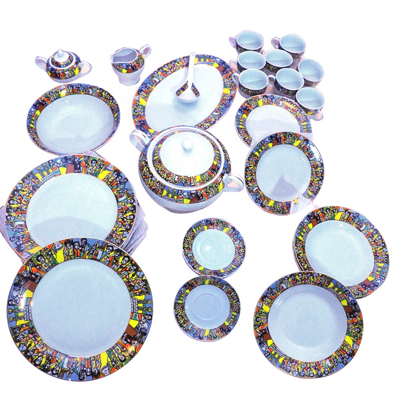 37PCS Queen of Sheba Dinner Plate Sets Fine Porcelain 48PCS Dinnerware Ethiopian Coffee Jebena Set