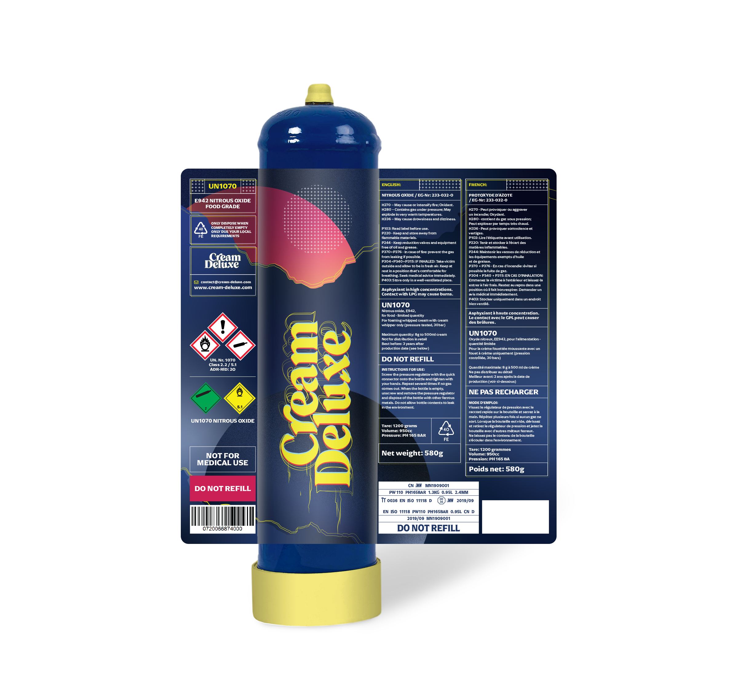 Cream Deluxe Cream Charger 580g Cylinders Nitrous Oxide N2O Laughing Gas NO2 N20 Laughing Gas