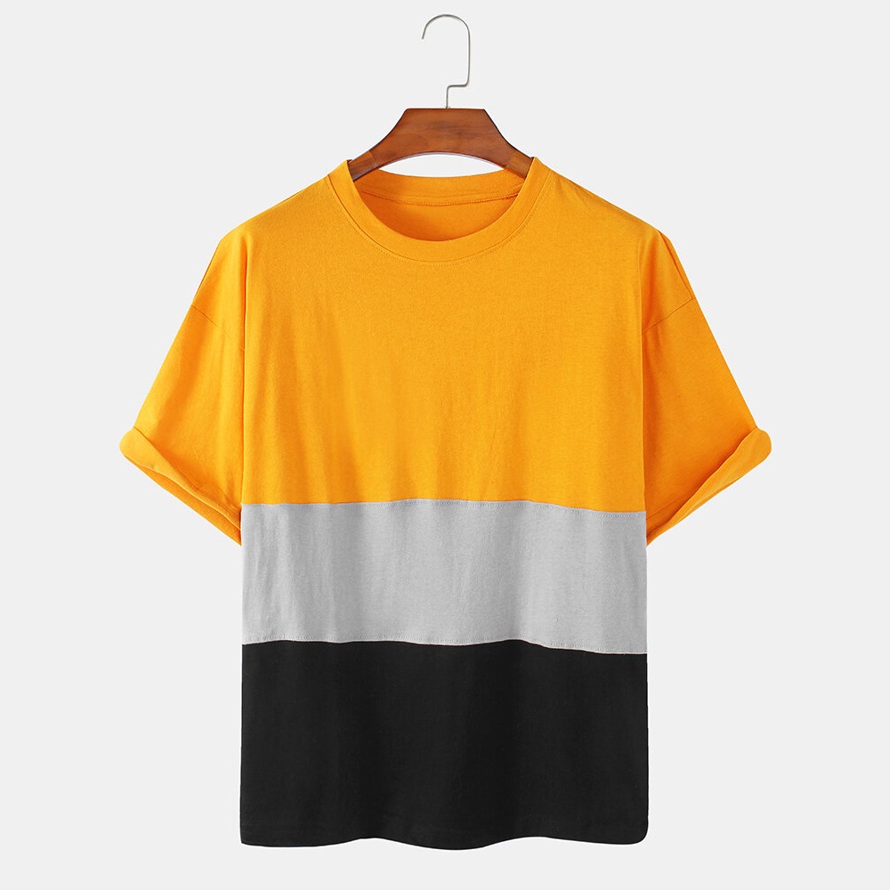 Mens Cotton Patchwork Breathable Loose Casual Round Neck T-shirts Unisex Custom Men T Shirts Blank 100% Organic Cotton Jersey