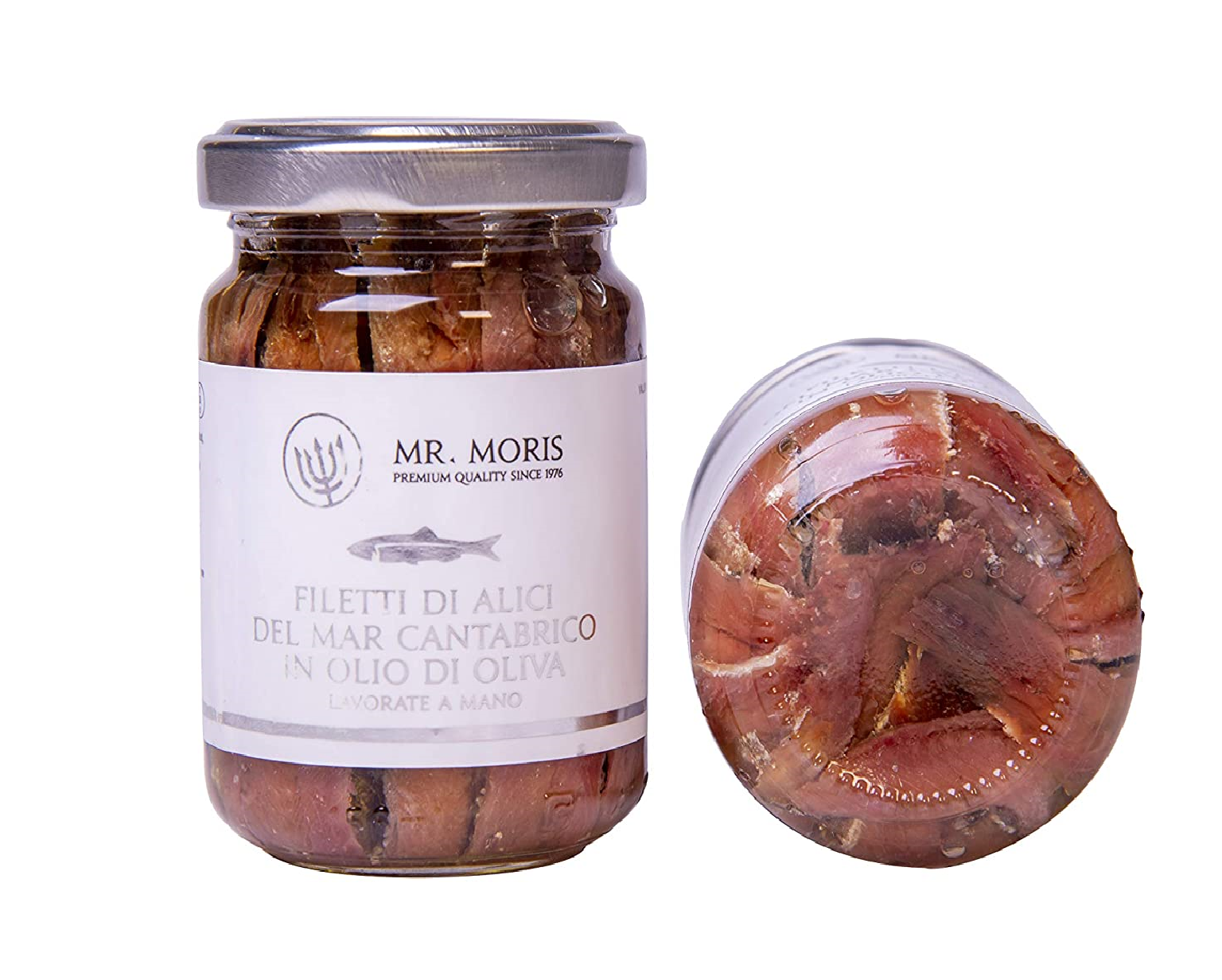 Premium Quality Anchovies Fillet from Cantabrian Sea in Extra Virgin Olive Oil Mr. Moris Made in Italy Kosher in Jar 160 g