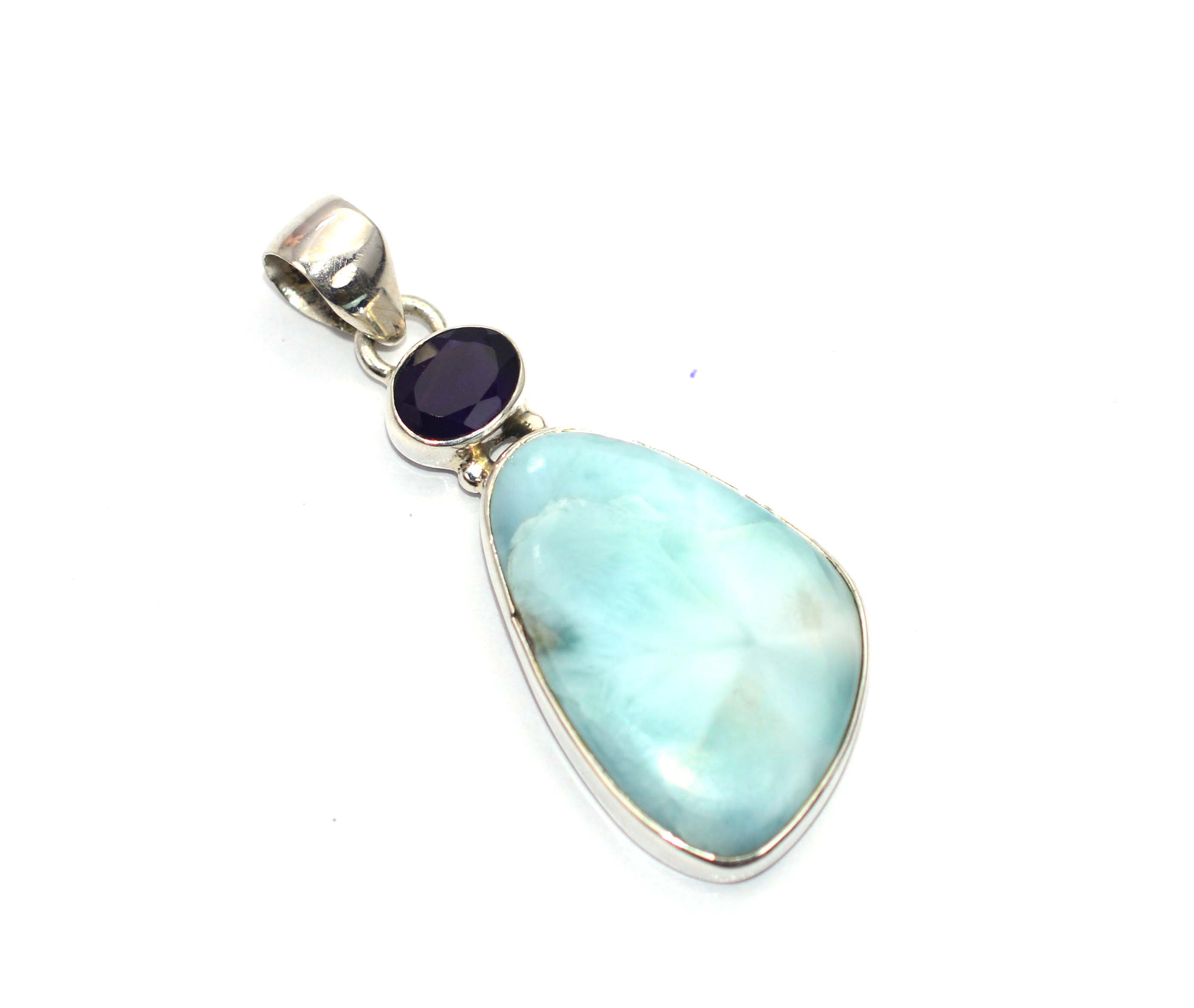 Designer Blue Larimar Purple Amethyst Gemstone Pendant 925 Solid Sterling Silver Pendant