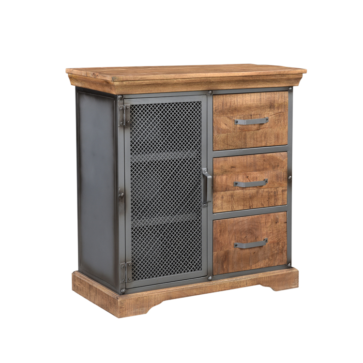 Iron Wooden Modern Solid Brown Black Industrial Sideboard Storage Cabinet with 1 Door and Three Drawer