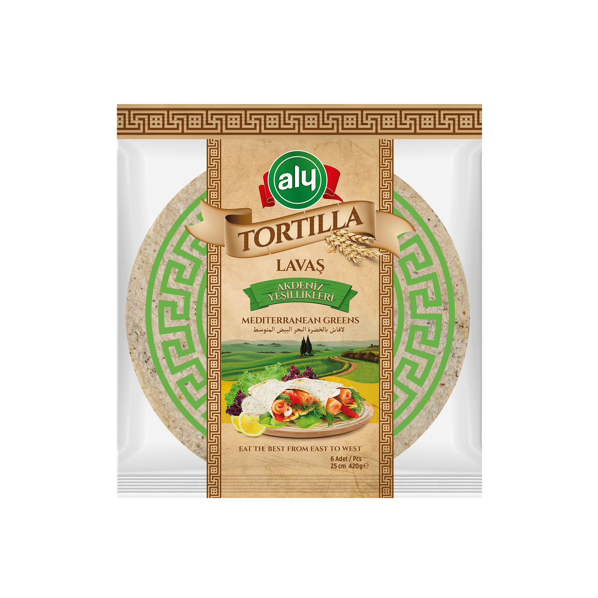 Tortilla 25 см 6 штук средиземноморская зеленая Aly брендовая сумка на молнии 420гр (12 упаковок в одной коробке)