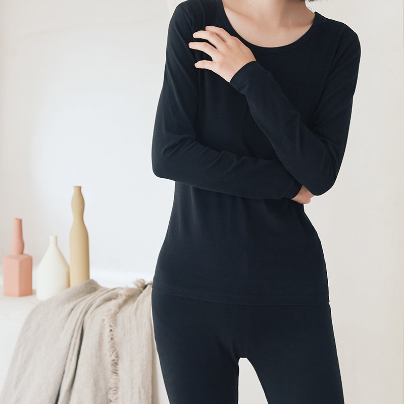 Women Autumn Pure Cotton Cozy Soft Long Johns Loungewear Sleepwear Sets with Long Sleeve Shirt and Pants Black