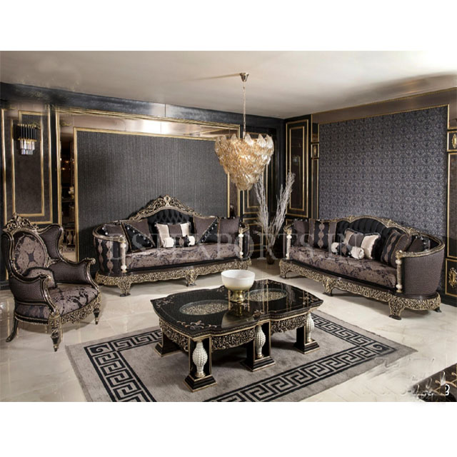 Majestic Metallic Black Polish Sofa Chairs Set European Style Classic Living Room Furniture Modern Drawing Room Furniture Set