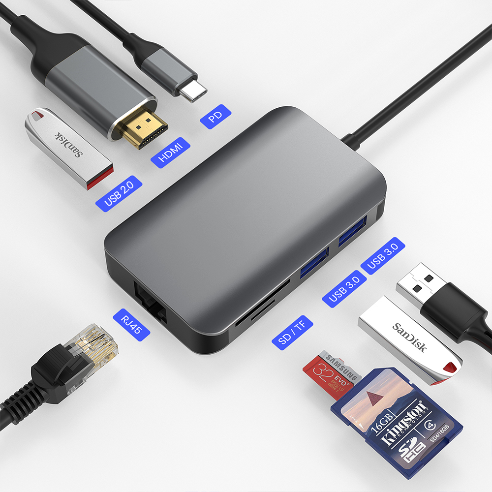 4k Многофункциональный ethernet usb сетевой rj45 hd-mi type c адаптер 3,0 8-портовый концентратор usb c 8 в 1