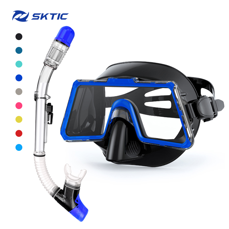 SKTICChina Supplier Cheap Price Black Blue Free Dive Silicone Gear Low Volume Goggles dry Top Snorkel Set Scuba diving equipment
