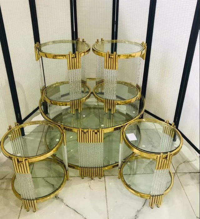 High quality modern luxury stainless steel metal wholesale acrylic knock down coffee table tea table set 1+4 1+6 tea table set
