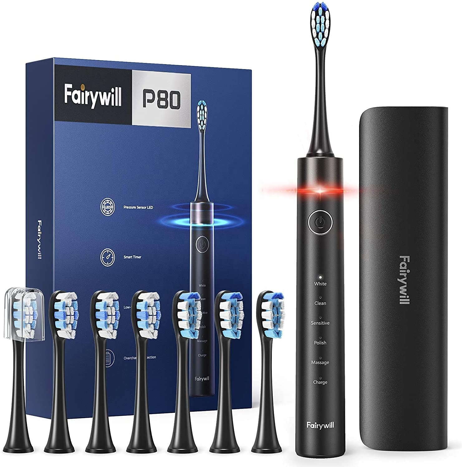 Fairywill FW P80 Фея будет электрические электронный мощность электромотора питание зубная щетка с головками