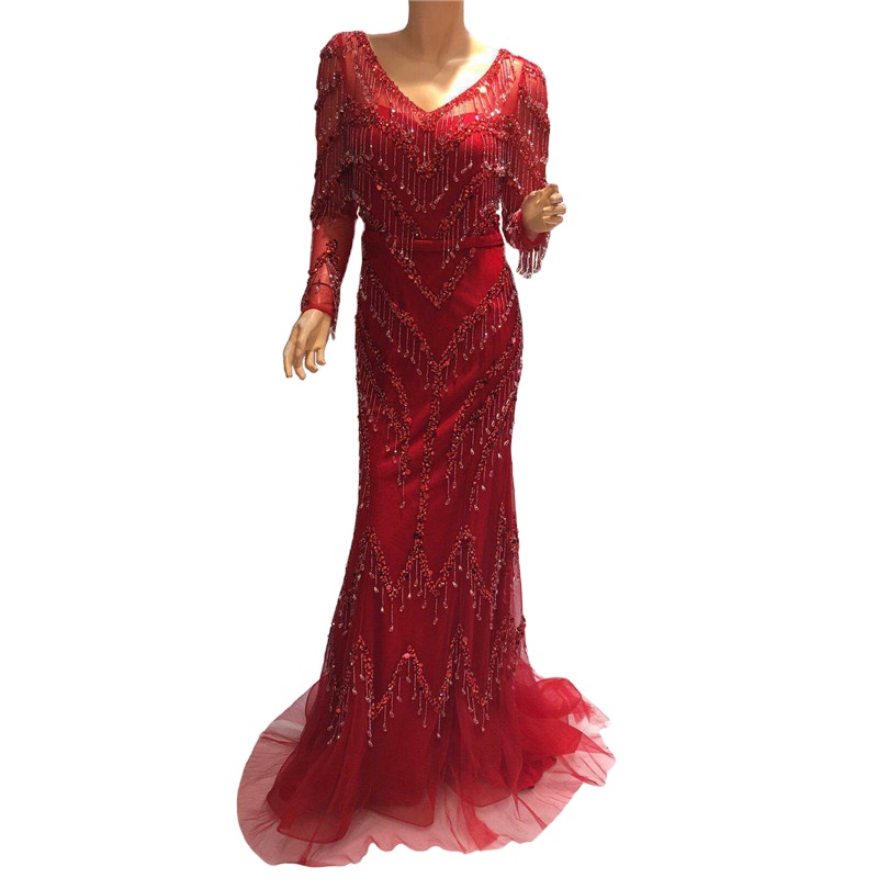Burgundy V Neck Long Sleeves Mermaid Evening Dresses 2021 Serene Hill LA6631 Tassel Beaded Fashion Party Gowns For Women