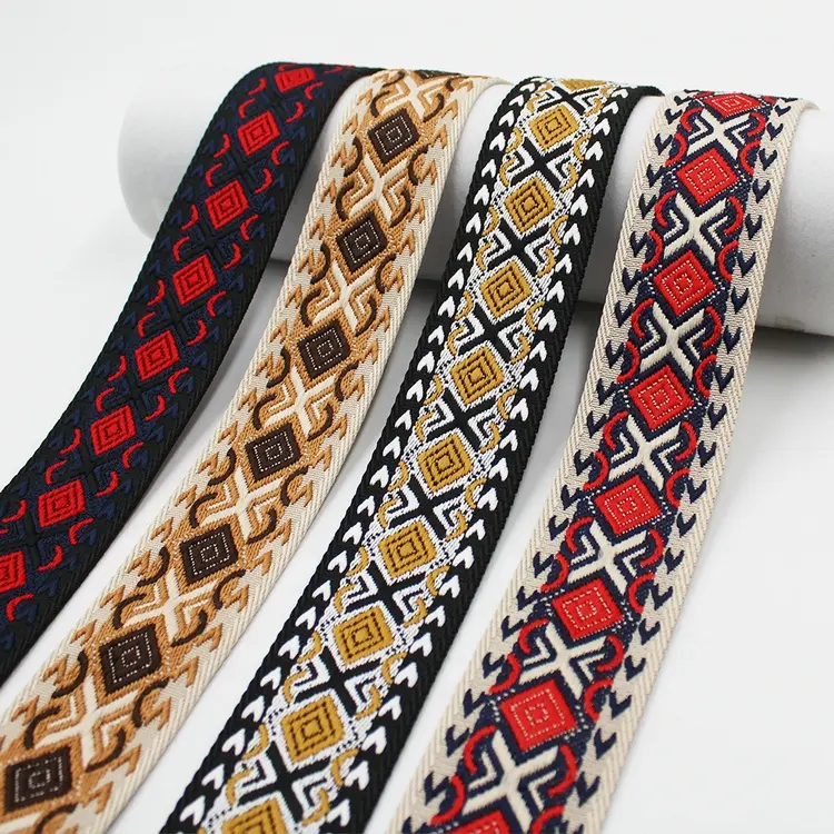 Manufacture high tenacity 2 inch ethnic woven polyester jacquard trim custom 50mm cotton bag strap thick jacquard webbing tape