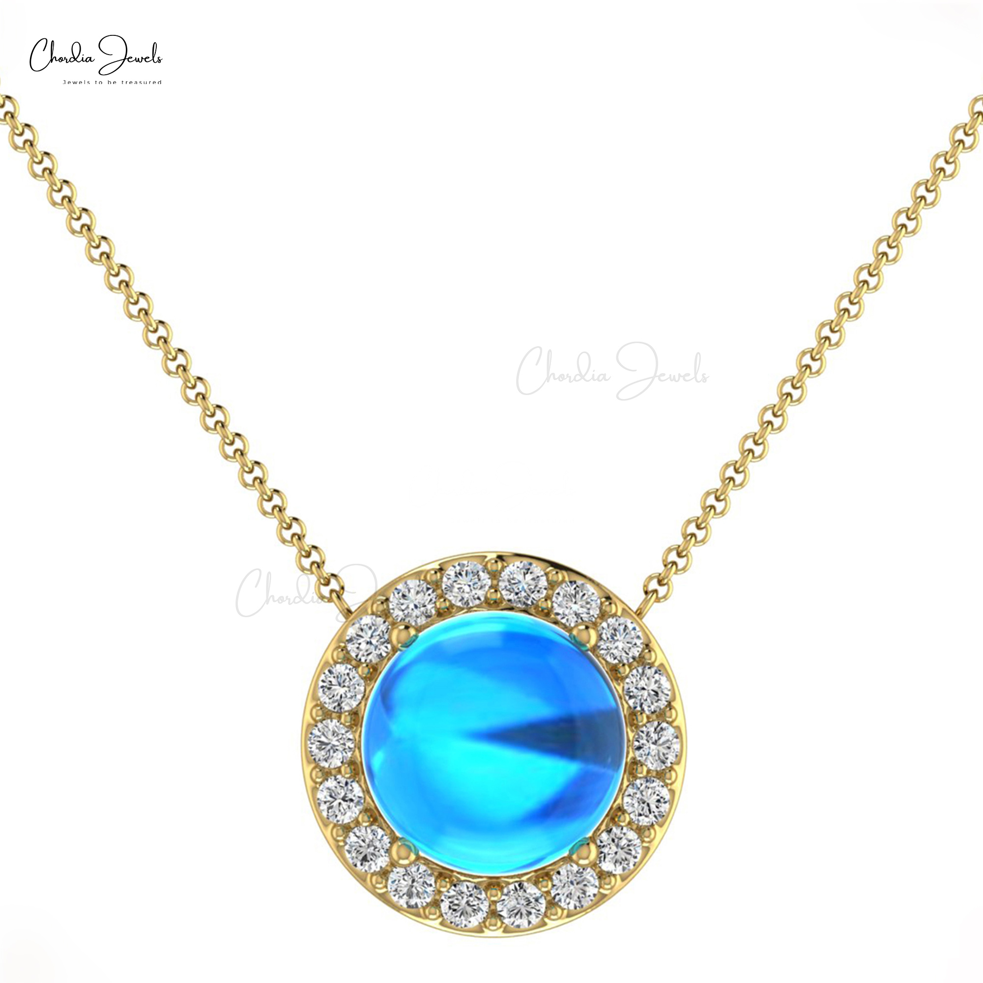14K Gold Flawless Round Halo Pendant in 14K Gold With G-H Diamond & Blue Topaz For Gift