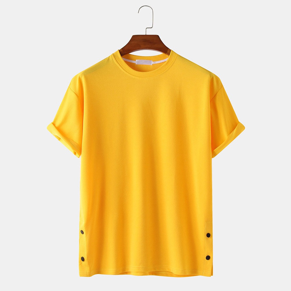 Cotton Short Sleeve T-shirts Side Snap Button Design Loose Mens Solid Color Unisex Custom Men T Shirts Blank 100% Organic Cotton