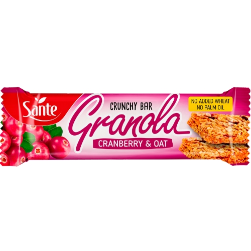 Брусок клюквы Sante Granola, 40 г, содержит бета-глюканы, снижают уровень холестерина в крови, 62% овсяной муки без пшеницы