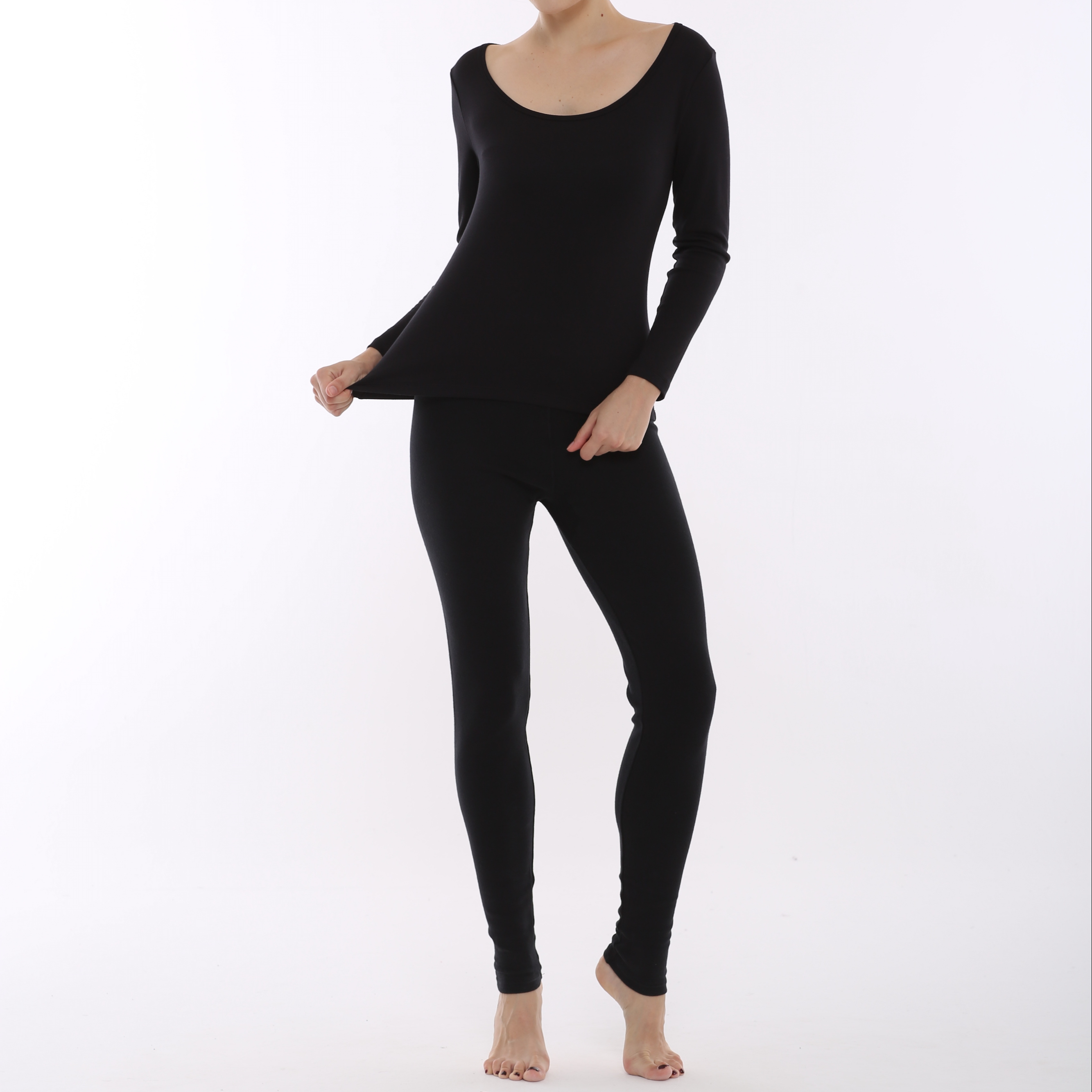 Fashion Soft Cozy Long Sleeve Shirts Underwear Set Lingerie Long Johns Set Women RC Fiber & Spandex Black