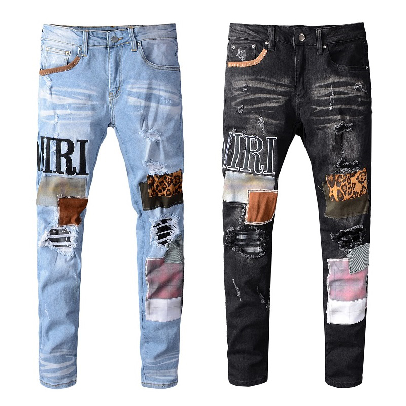Hot Selling Denim Jeans Leopard Patch High Street Slim Plus Size Pants Men's Amirys Jeans