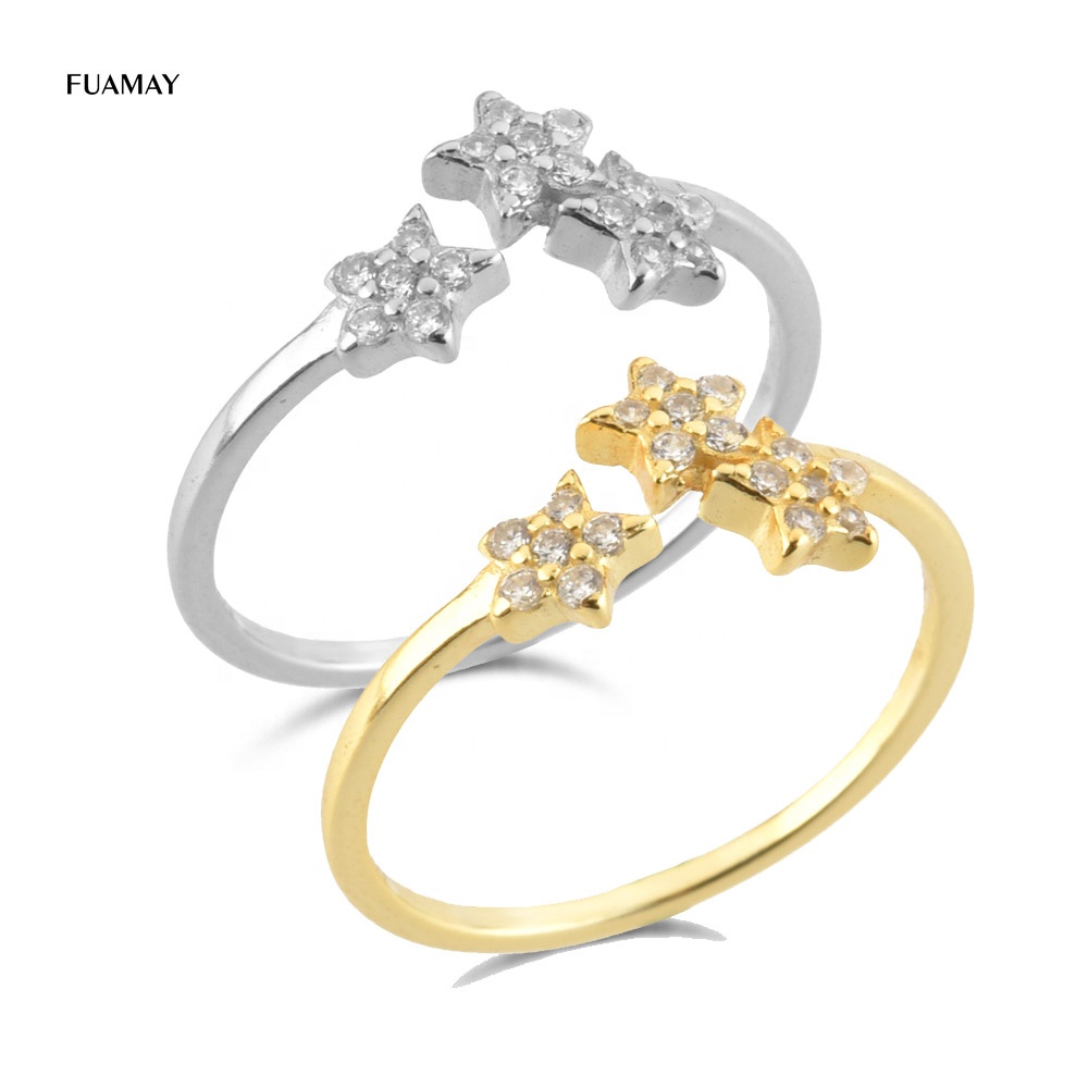 FUAMAY 925 Silver Bling Diamond Three Star Ring Woman Adjustable Big Bling Star Open Rings