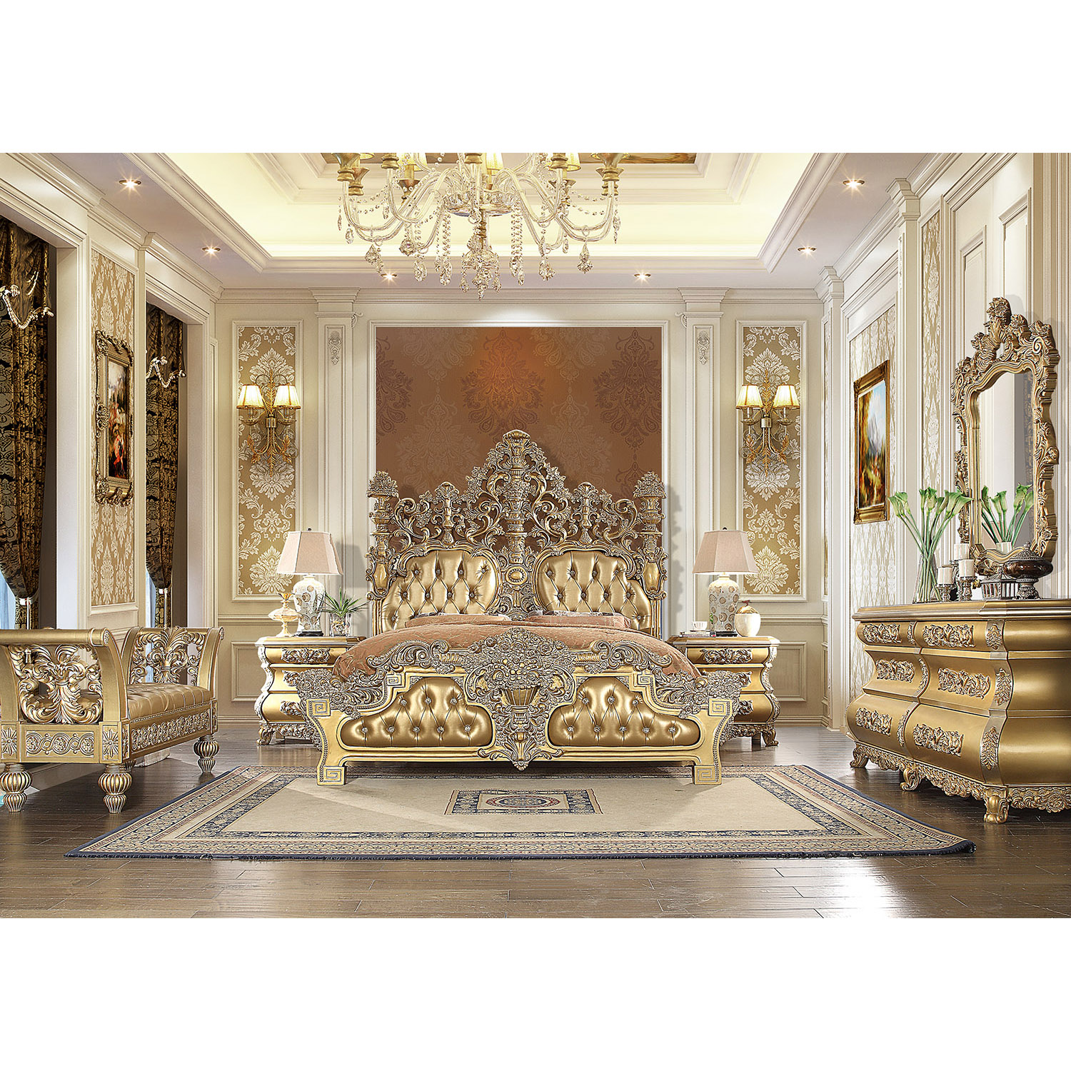2021 новый дизайн Rococo с золотыми листьями полностью из массива дерева кожаная обивка Королевский размер кровать с детализированной резкой