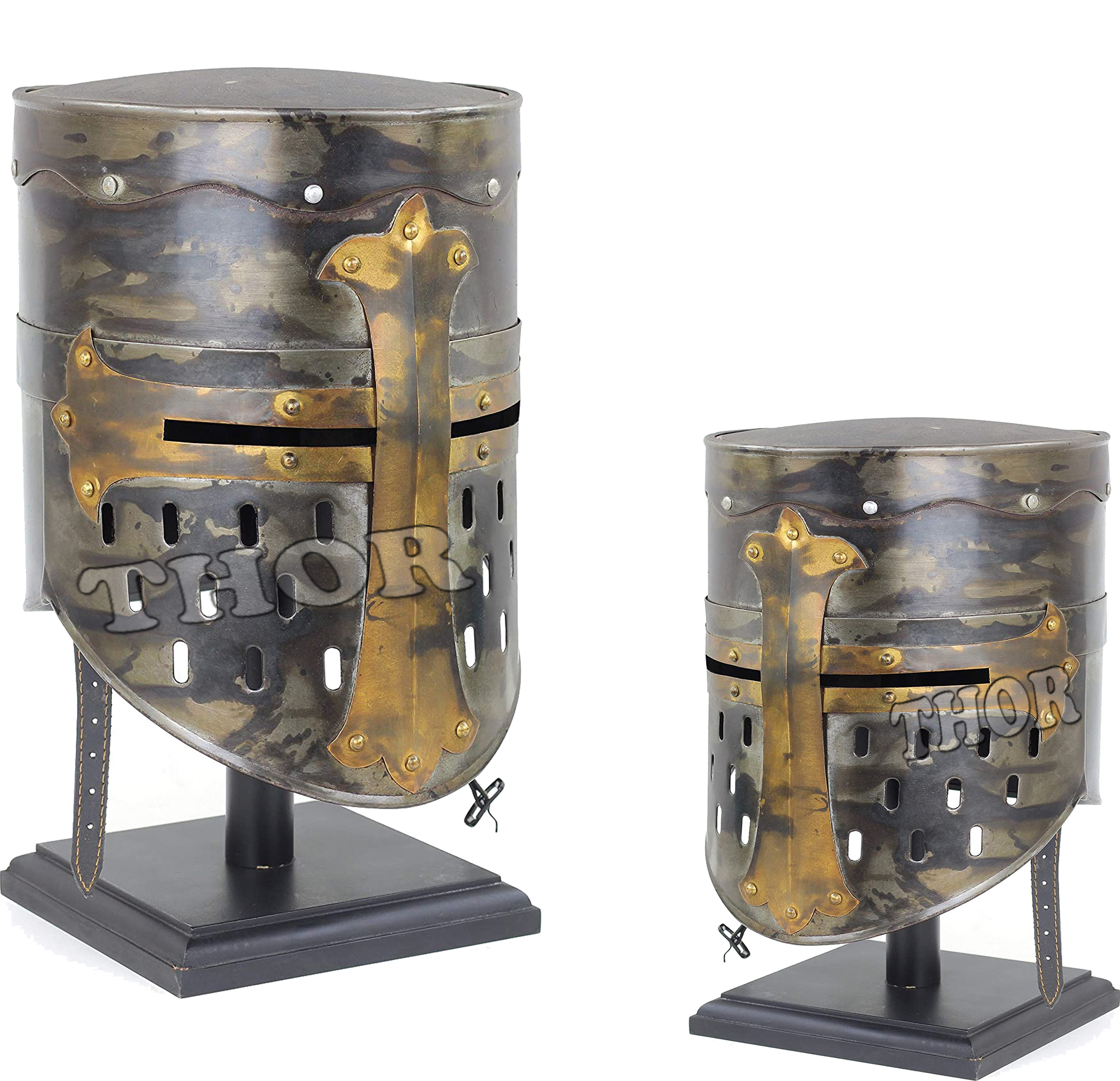 Medieval Templar Knight Armor Helmet Costume Antique Polished With Black Wooden Stand Armor Costume