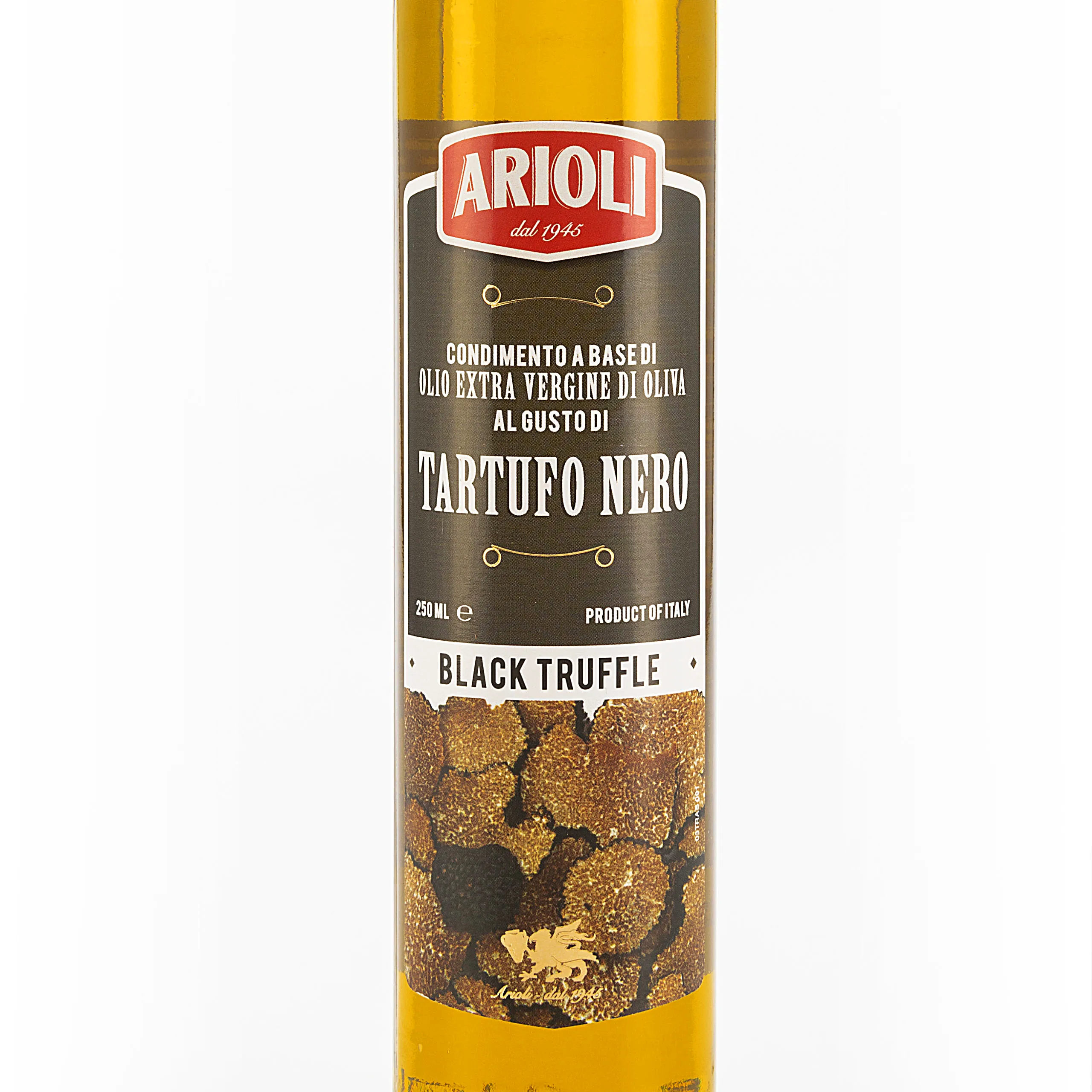 Superior Quality grade ARIOLI Extra Virgin Olive Oil with Black Truffle in 250ml. round Dorica bottle for Gourmet Shops
