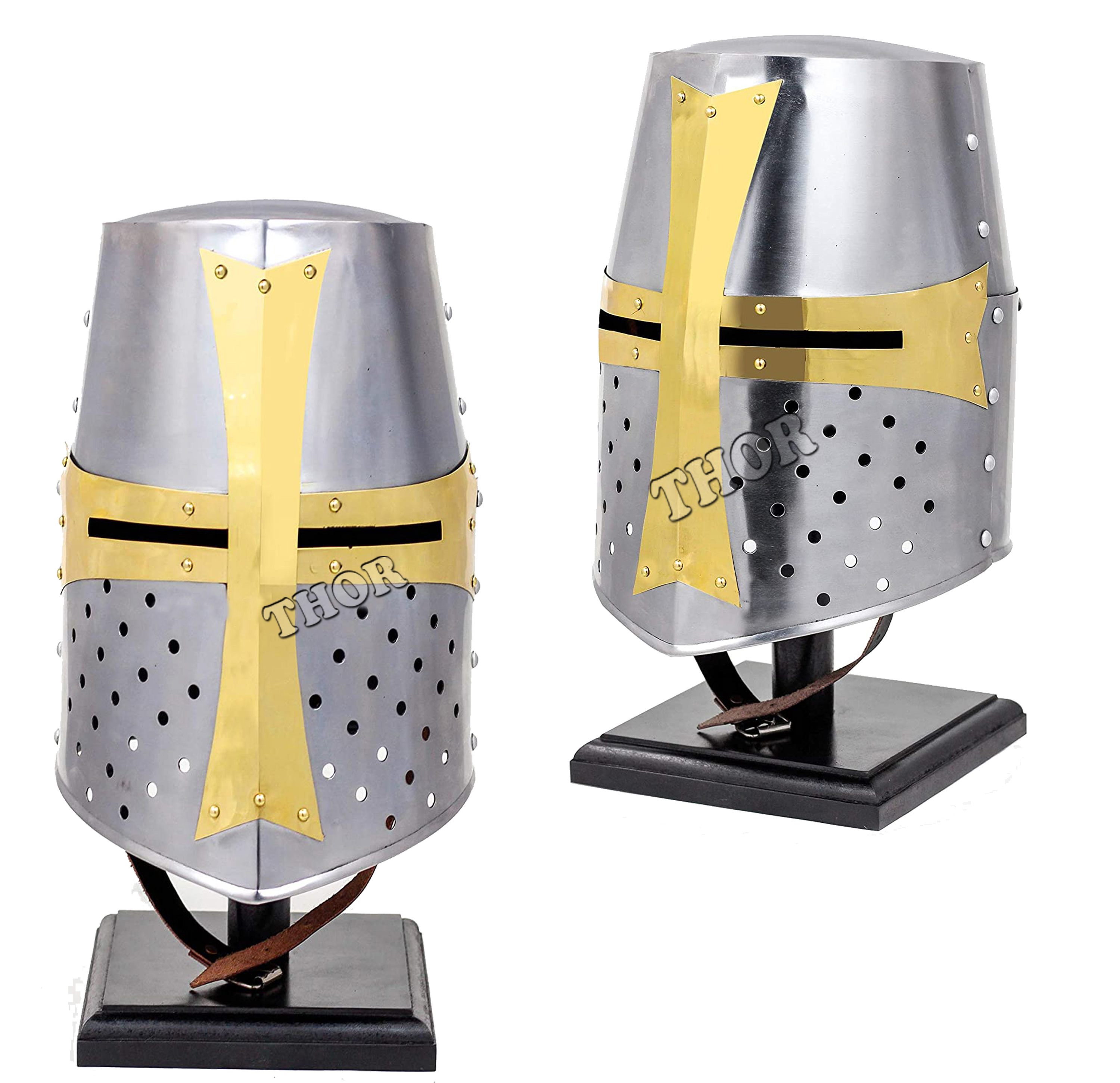 Nickle Templar Armor Premium Brass Cross Helmet | Props & Head Wear Larpers Helmet W/Wooden Stand