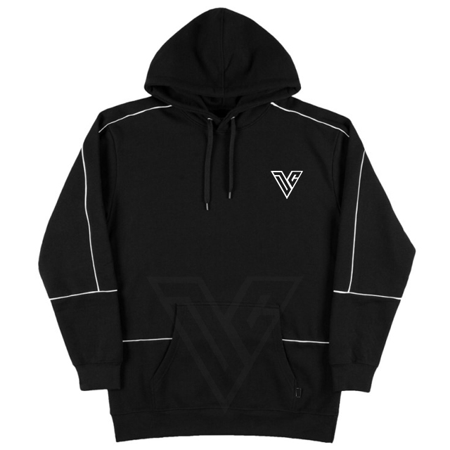 Low MOQ Men's Custom Plain Black Hoodie with White Contrast piping Drop shoulder Loose Black Hoodie with White Piping