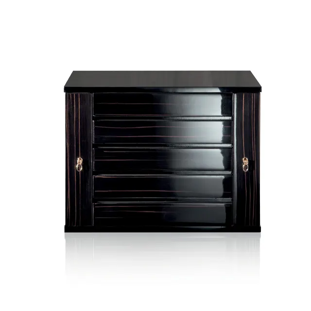 Jewelry chest in Ebony polished finish, accessories in 24 karats gold plated brass. 5 Drawers chest, two pull out necklace bars