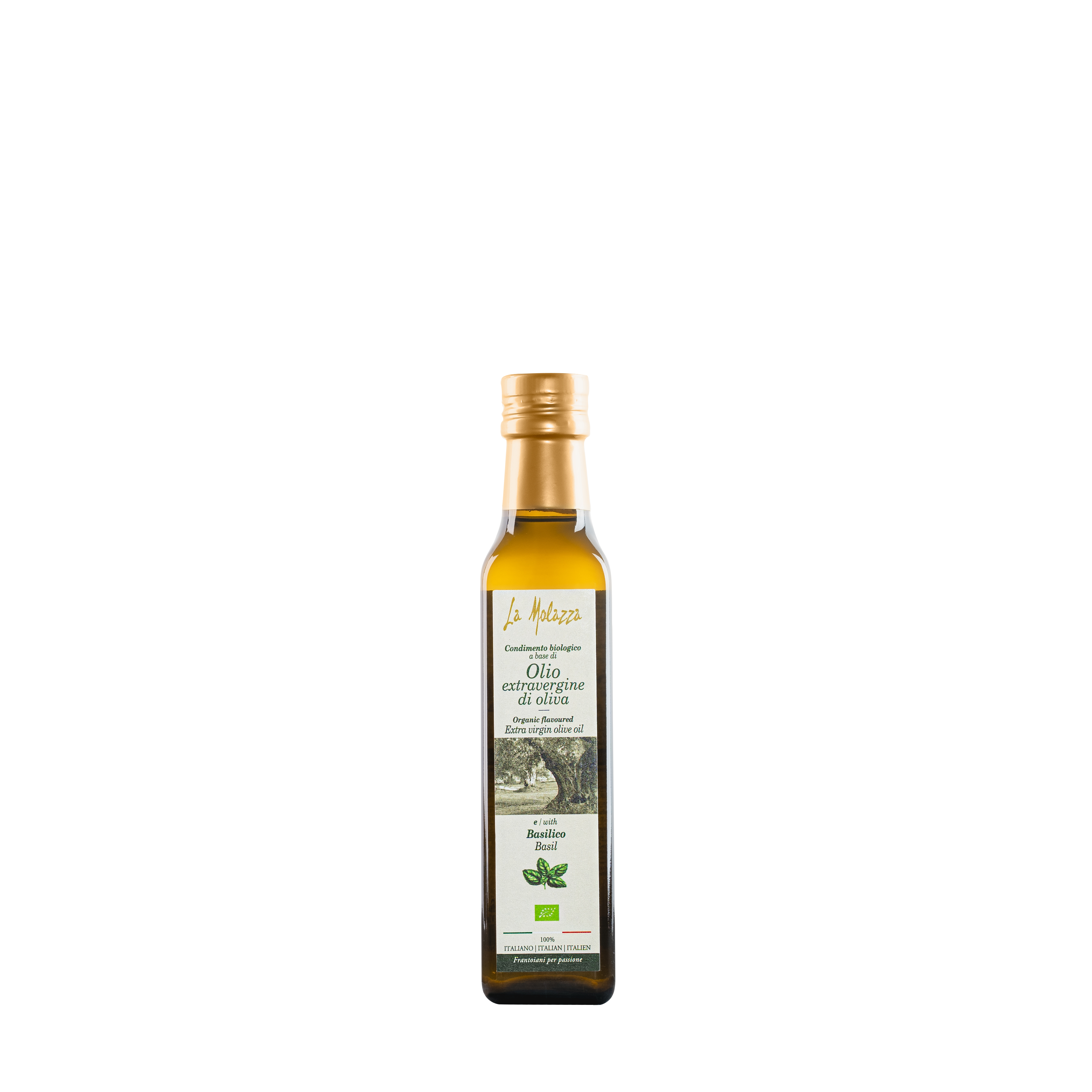100% Italian Organic Extra Virgin Olive Oil 0.25L flavored with natural basil ideal for dressing and good for health