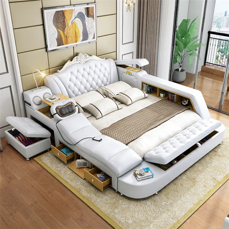 Modern White Leather Bed With Lift Storage Smart Multifunction Bed USB Music Luxury Bedroom Furniture Set