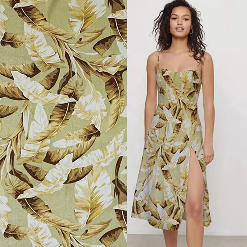 Harvest woven 10s linen viscose blended tropical palm tree leaves print plain fabric for garment