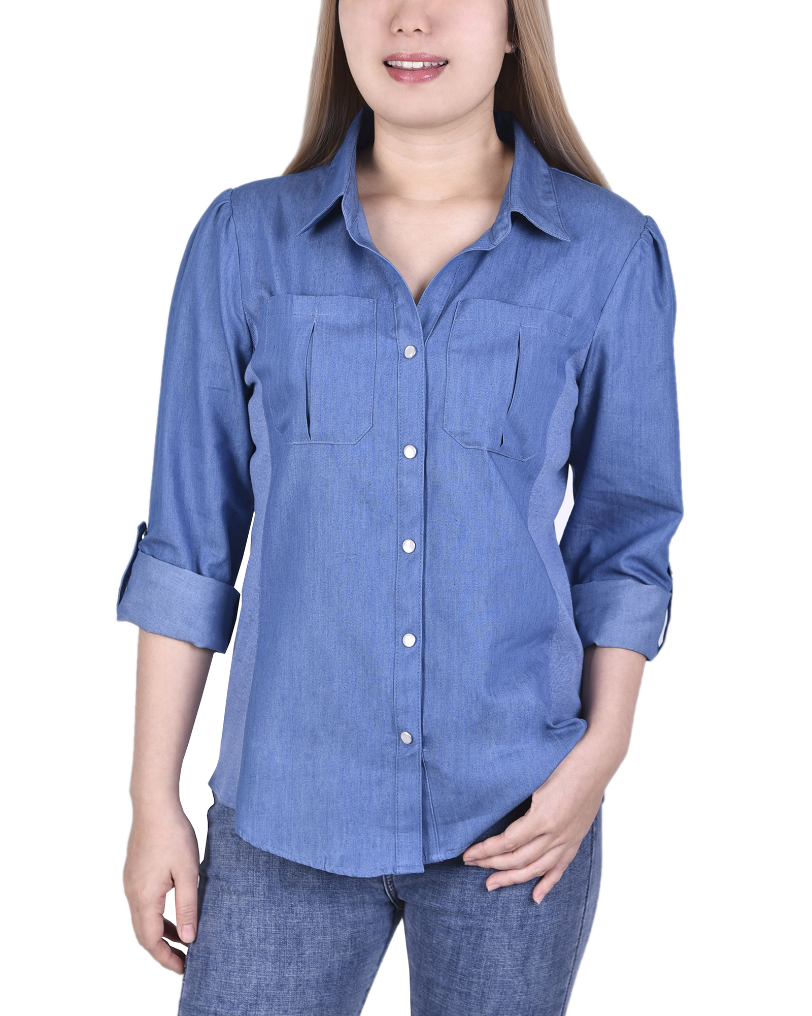 3/4 Sleeve Denim Blouse With Rib Insets Medium Denim