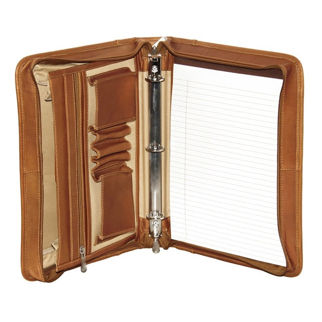 Leather ring binder zip closure folder with 3 rings