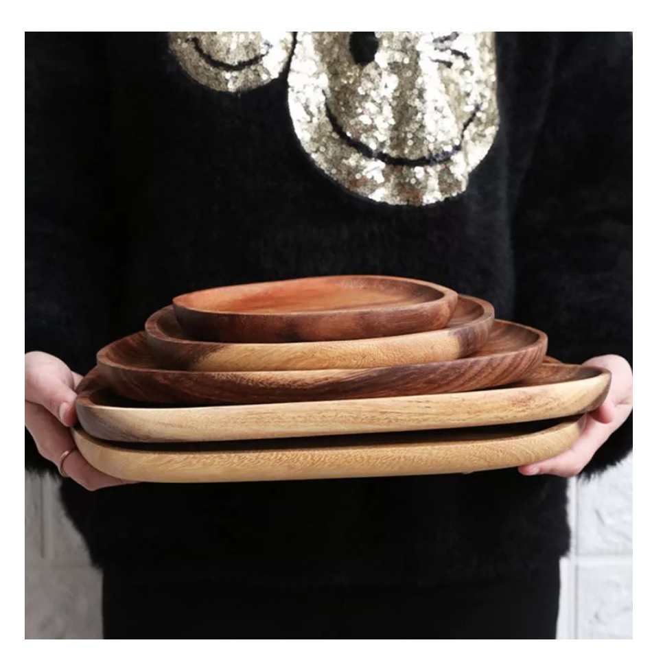 Eco friendly kitchenware flatware biodegradable tableware acacia wood dinner charger plate serving wooden dining plate set