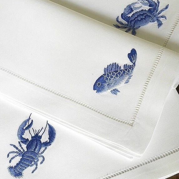 Embroidered Handmade Cotton Napkin with Hemstitch and Marine Embroidered Pattern
