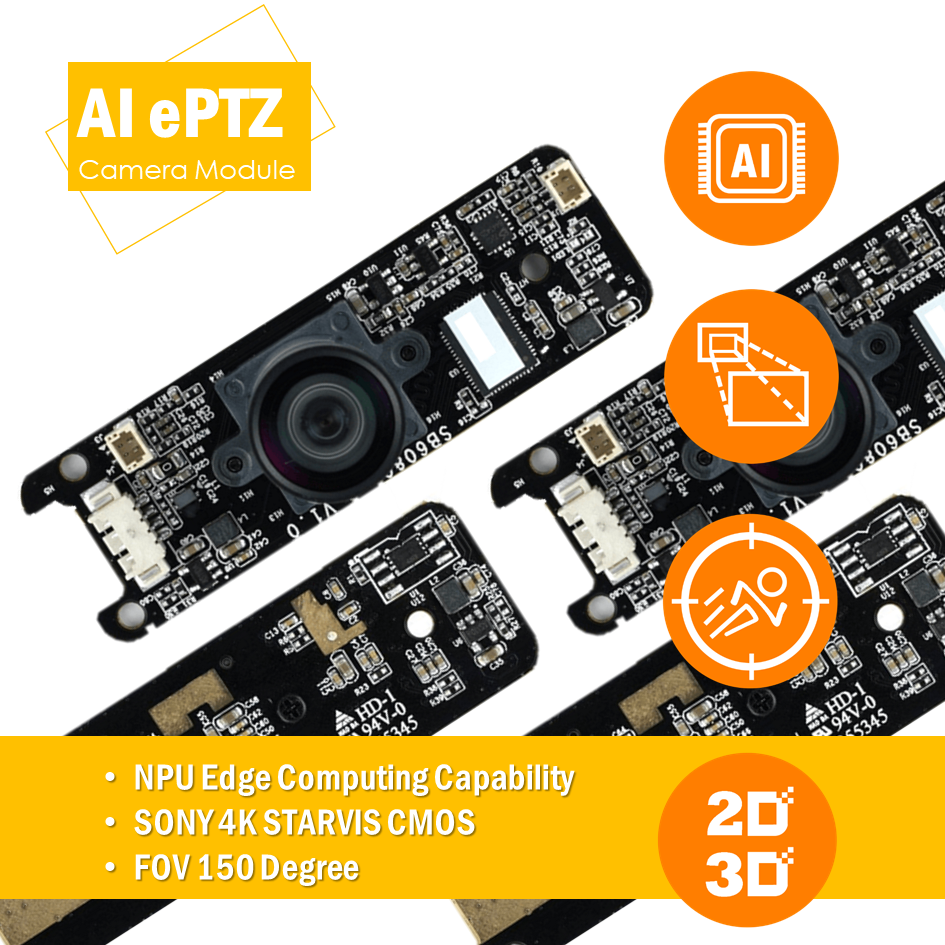 4K WebCam Module, ePTZ UHD Camera with Microphones, Powered by AI with Auto-Framing 4X Zoom for Video Conference