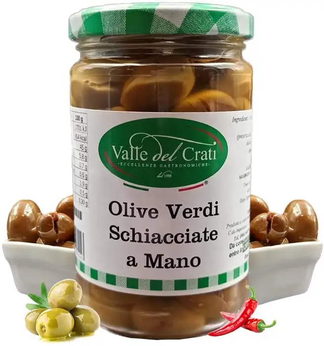 Handmade crushed Green Olives | Pitted Green Olives in Oil Seasoned with Chilli | 280 gr
