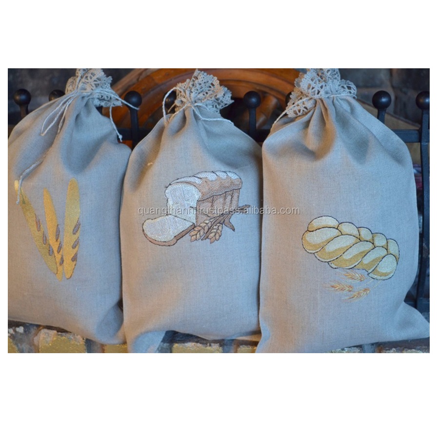 Embroidery Bread Bag Gray Natural Linen Bread Loaf Baguette Bag