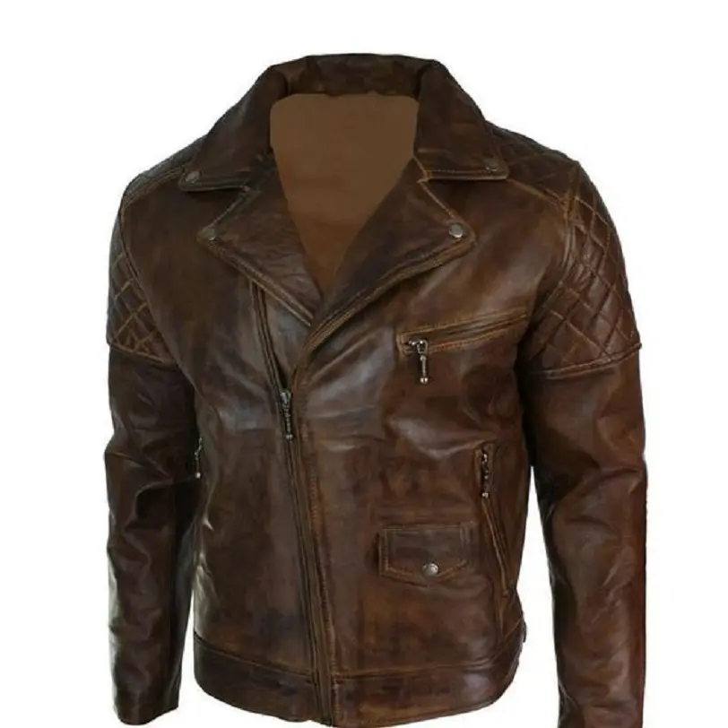 Mens Biker Vintage Washed Tan Brown Real Leather Jacket Cross Zip Retro Casual Motorcycle Distressed Fashion Leather Jacket OEM