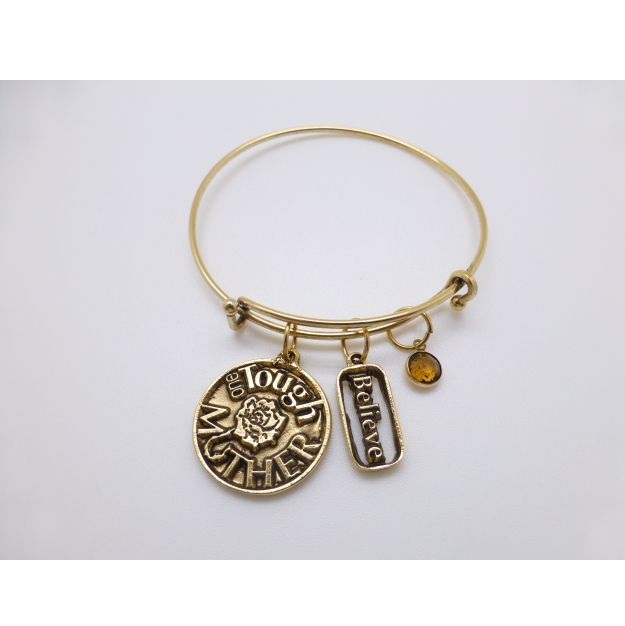 One Tough Muther Believe Adjustable Wire Bangle Bracelet With Charm. Women Costume Jewelry
