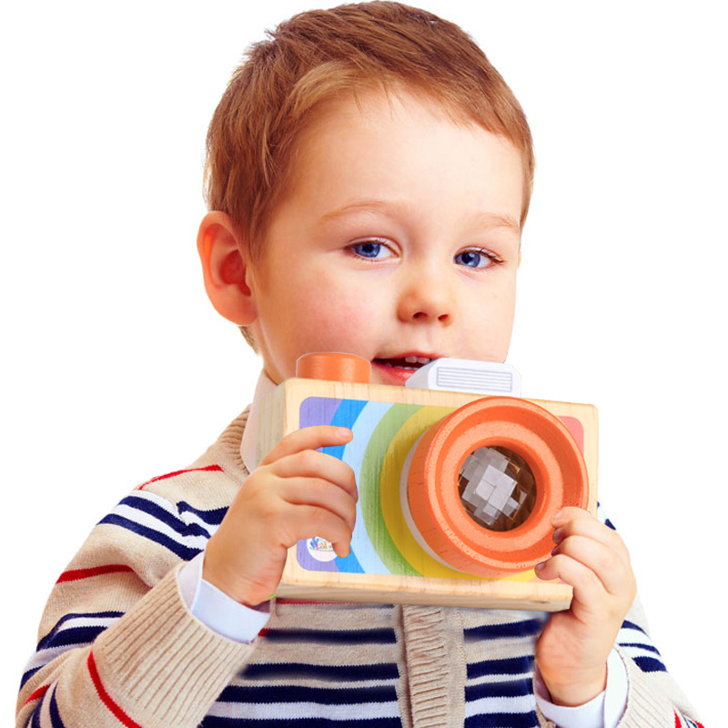 Wooden Mini Camera Toy with Multi-Prisms Kaleidoscope for Toddlers and Kids